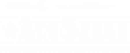Logo wArtSztat - napis z poziomymi liniami powyżej i poniżej liternictwa. Powyżej napisu po lewej otwarty klucz metryczny, po prawej pędzel. Poniżej napisu linijka przypominająca panoramę bloków.